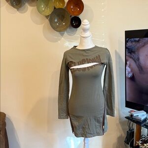 Olive Green Long Sleeve Cutout Tunic Dress